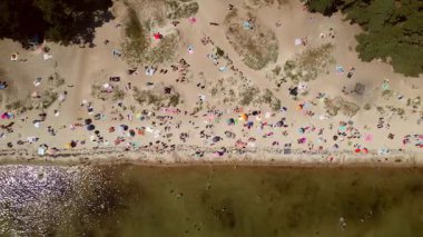 Güneşli bir günde, insanların güneşlendiği ve deniz kenarında dinlendiği güzel bir kumsalın üzerinde insansız hava aracı.