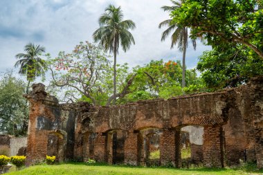 Terk edilmiş eski bir harabenin üzerinde yükselen uzun palmiye ağaçları, dağınık bulutlu mavi gökyüzünün altında yıpranmış tuğla duvarlar, Puthia Tapınağı Kompleksi..