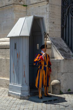 Vatikan. Roma. İtalya. 07.11.2024: Vatikan 'daki Aziz Peter Bazilikası' nda bulunan bir Papalık İsviçreli Muhafız Birliği üyesi.