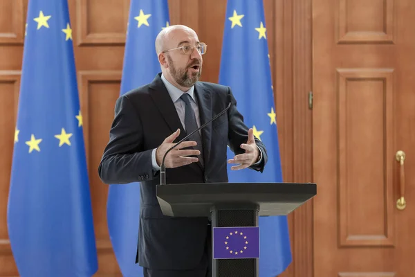 Chisinau, Moldova - 28 Mart 2023: Maia Sandu ve Charles Michel 'in Chisinau' daki basın toplantısı