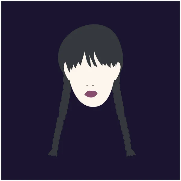 Mittwoch Addams Mädchen Mit Schwarzen Haaren Und Zöpfen Halloween Illustration — Stockvektor