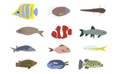 Düz biçimli vektör elle çizilmiş balık koleksiyonu. Simge, logo, yazdırma, simge, kart, amblem, etiket için vektör illüstrasyonu.
