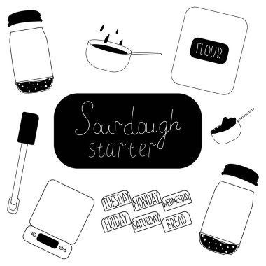 El yapımı ekşi mayalı başlangıç temel elementler beyaza izole edildi. Stok vektör illüstrasyonu