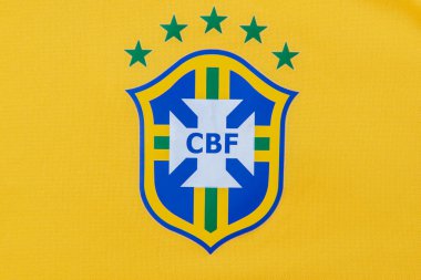 Bauru, Brazil - 11.01.23: Brazilian Football Confederation emblem on football jersey. Most times world champion selection shirt in football. Highlight for the shield of the shirt of the Brazilian team