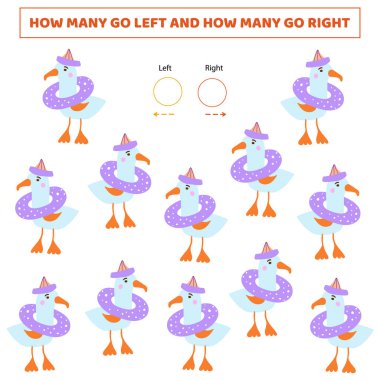 Kaç kişi sola, kaç kişi sağa. Şirin martılı sayma oyunu. Çocuklar için çalışma çizelgesi..