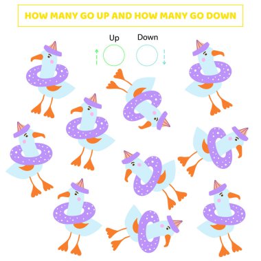 Kaç kişi yukarı çıkıyor, kaç kişi aşağı iniyor, sevimli martı çizgi filmiyle sayma oyunu. Çocuklar için çalışma çizelgesi..