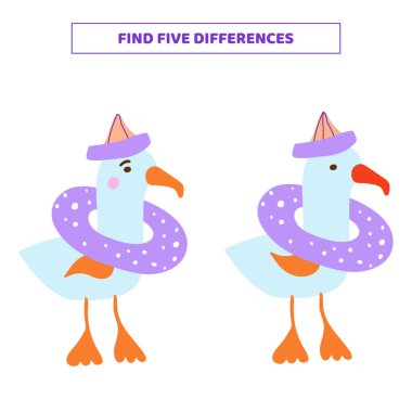 Çizgi film martıları arasında beş farklılık bul. Çocuklar için eğitici bir oyun.