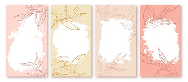 Dikey Instagram arkaplanı ayarlandı. Metin için kopyalama alanı olan vektör insta şablonları. Mangal kömürü, zarif tropikal yapraklar ve mangal kömürü lekeleriyle pastel renkte resimler çizer..