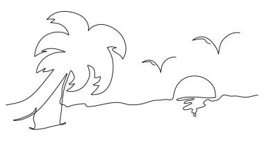 Soyut çizim salıncaklı bir palmiye ağacı. Denizde günbatımının ana hatları. Gökteki martıları toplayın. Beyaz arka planda izole edilmiş vektör yaz vahası çizimi.