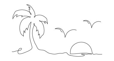 Yaz palmiyesi ve güneşli, kesintisiz bir sanat eseri. Vektör robot resim doğa gün batımı tropikal soyut çizim.