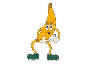 Beyaz arkaplanda izole edilmiş eski çizgi film harika muz meyve ikonu.