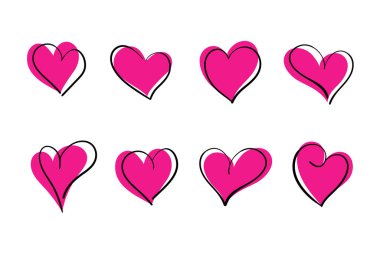 Karalama pembe kalpler aşk simgeleri seti. Beyaz arkaplanda izole edilmiş vektör el çizimi.