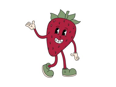 Çilekli çizgi film karakteri ikonu izole edildi. Vektör retro meyve illüstrasyonu.