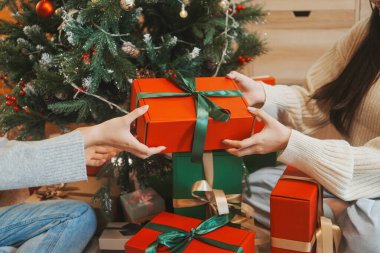 İki arkadaş evde Noel hediyelerini değiş tokuş ediyor..