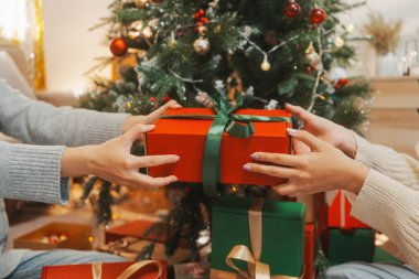 İki arkadaş evde Noel hediyelerini değiş tokuş ediyor..