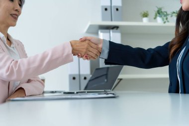 Deneyimli İş Kadını ve Olumlu Enerji ve Teknoloji ile Parlak Modern Ofis Genç Profesyoneli İş Görüşmesi