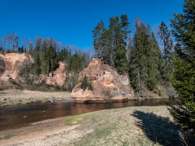 Landscape of the Zvartes rock - most popular and scenic sandstone outcrop in Latvia on the left bank of the Amata river in the Gauja National Park in spring