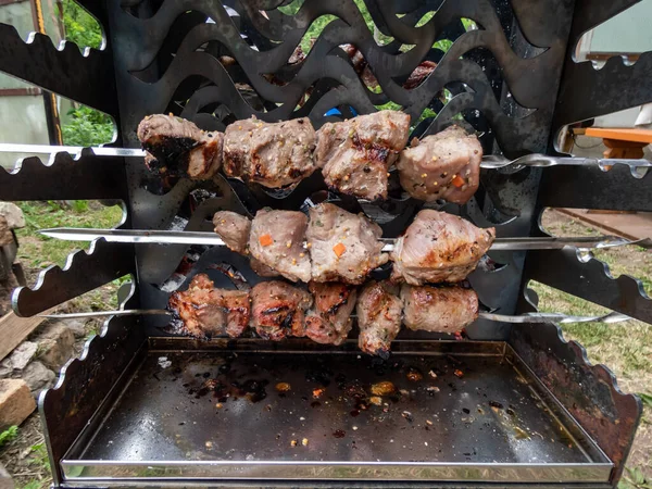 金属绞架上的肉类特写镜头 多汁的不同种类的肉类烤架着火了 煤和烟熏在烤架上 野餐和烧烤肉 — 图库照片