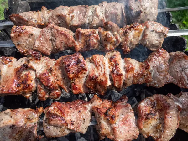 Metal şişlerde pişmiş et, sulu kırmızı et ızgarada ızgara ve ızgarada pişiyor. Kahverengi kabuklu otlu ve baharatlı et küpleri. Piknik ve ızgara et