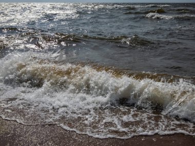 Baltık Denizi 'nin rüzgarlı bir gününde kıyıda kahverengi kum ve yukarıda mavi gökyüzü olan büyük köpüklü dalgaların yakın çekimi. Baltık Denizi 'ni tasvir eden Deniz Burnu