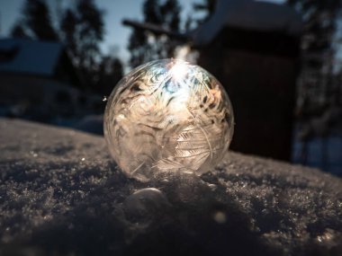 Yuvarlak, donmuş sabun köpüğünün makro çekimi kışın çok soğuk sıcaklıklarda donarken ağaç ve yaprak şeklini oluşturur.