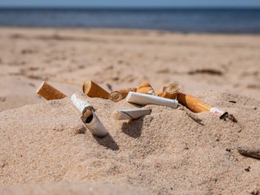 Baltık sahilindeki beyaz kumsalda farklı türde sigara izmaritleri ve arka planda kumsaldaki zehirli plastik kirliliği olarak su var. Dünyanın en dağınık plastik parçası. Plaj kirliliği