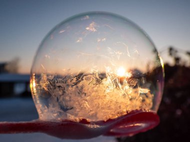 Yuvarlak, donmuş sabun köpüğünün makro çekimi kışın çok soğuk sıcaklıklarda donarken ağaç ve yaprak şeklini oluşturur.