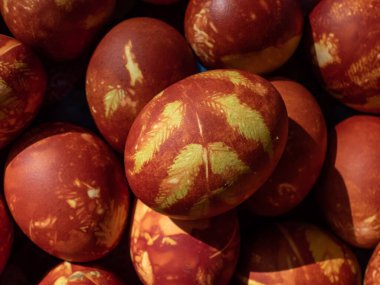 Doğal bitkilerle boyanmış Paskalya yumurtaları ve soğan kabuklarında kaynayan çiçek çiçekleri. Kahverengi yumurtaların üzerinde sarı desenler yaratmak için geleneksel bir yöntem.