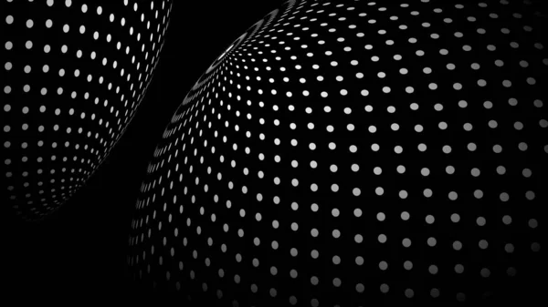 Perspective Halftone curved globe. White dot lines on black background surface. Design for technology, network, illustration, construction, and digital data visualization.