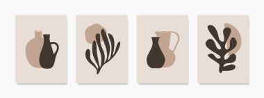 This contemporary bohemian artwork with tropical leaves is placed in a vase. Simple elegant hand-drawn design featuring natural colors and textures, making it a popular choice for interior wall decor.