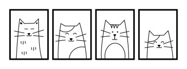 Sevimli kedi silueti çizimi. İskandinav kökenli çocuk odası dekorasyonu. Minimalist poster tasarımı, duvar resimleri, kapakları, duvar kağıtları, afişler, el ilanları, kartlar, baskılar ve dekor için ideal.