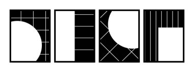 Koyu arkaplandaki soyut beyaz şekiller ve çizgiler. Geçmişe dönük siyah beyaz arka plan. Posterler, afişler, el ilanları, duvar resimleri, kartlar ve dekorasyonlar için minimalist tasarım.