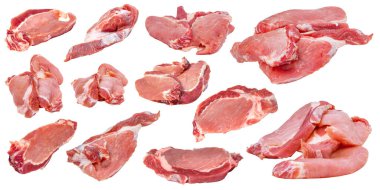 Beyaz arka planda izole edilmiş taze çiğ et. Çiğ et, taze et. koleksiyon.