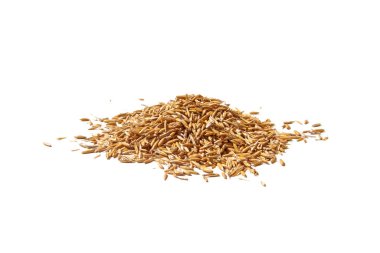 Beyaz arka planda izole edilmiş pirinç. Kopyalama alanı olan üst görünüm