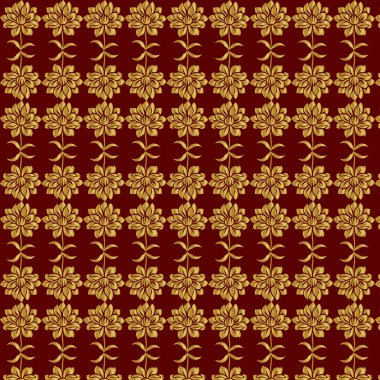 Kırmızı arka planda altın renkli lüks çiçekler. Yazdırma, kumaş, ağ, poster, pankart ve kart konsepti çizimi için arkaplan deseni dekorasyonu