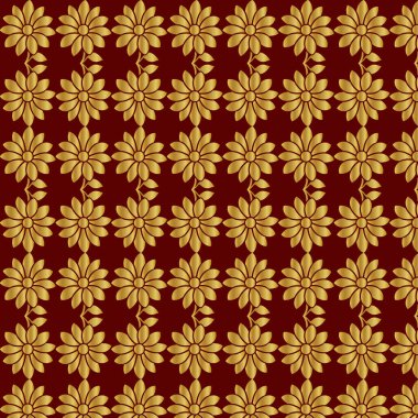 Kırmızı arka planda altın renkli lüks çiçekler. Yazdırma, kumaş, ağ, poster, pankart ve kart konsepti çizimi için arkaplan deseni dekorasyonu