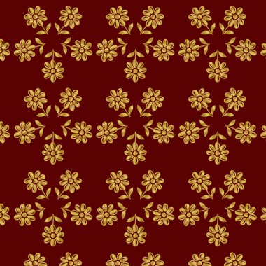 Kırmızı arka planda altın renkli lüks çiçekler. Yazdırma, kumaş, ağ, poster, pankart ve kart konsepti çizimi için arkaplan deseni dekorasyonu