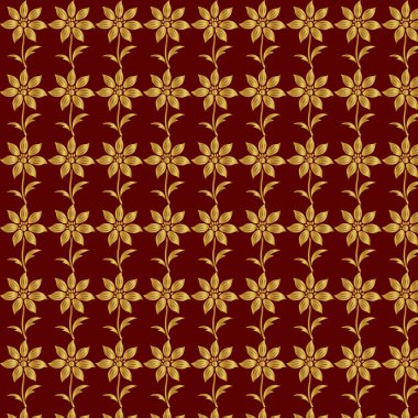 Kırmızı arka planda altın renkli lüks çiçekler. Yazdırma, kumaş, ağ, poster, pankart ve kart konsepti çizimi için arkaplan deseni dekorasyonu