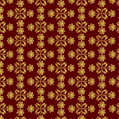 Kırmızı arka planda altın renkli lüks çiçekler. Yazdırma, kumaş, ağ, poster, pankart ve kart konsepti çizimi için arkaplan deseni dekorasyonu