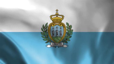 San Marino bayrağı 3 boyutlu animasyon sallıyor. San Marino bayrağı rüzgarda dalgalanıyor. San Marino 'nun ulusal bayrağı. Bayrak dikişsiz döngü animasyonu. 4K