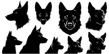 Bir köpek kafası siluet vektör çizimi seti.