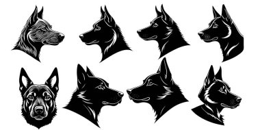 Bir köpek kafası siluet vektör çizimi seti.