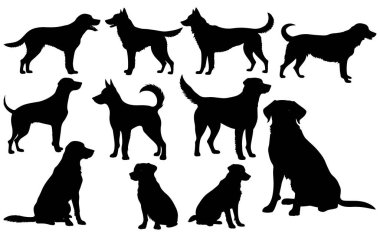 Bir köpek silueti vektör çizimi seti