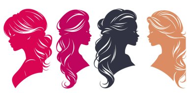 Farklı saç stilleri olan dört vektör kadın kafası - moda ve güzellik çizimi