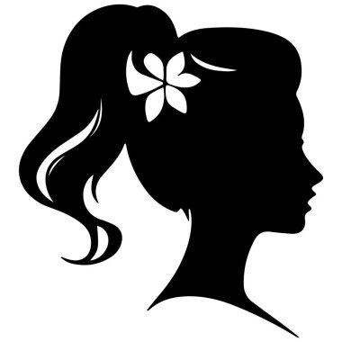  Siyah vektör güzel kadın profil silueti - moda veya güzellik çizimi, güzellik salonu tasarımı için dekoratif moda kızı. Güzel bir kadın silueti. Dalgalı, kalın saçlı genç kız. Vektör saç biçimi simgesi