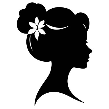  Siyah vektör güzel kadın profil silueti - moda veya güzellik çizimi, güzellik salonu tasarımı için dekoratif moda kızı. Güzel bir kadın silueti. Dalgalı, kalın saçlı genç kız. Vektör saç biçimi simgesi