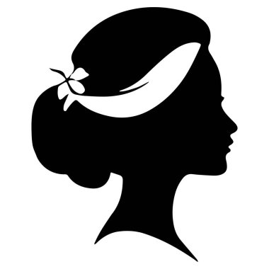 Siyah vektör güzel kadın profil silueti - moda veya güzellik çizimi, güzellik salonu tasarımı için dekoratif moda kızı. Güzel bir kadın silueti. Dalgalı, kalın saçlı genç kız. Vektör saç biçimi simgesi