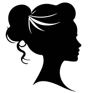  Siyah vektör güzel kadın profil silueti - moda veya güzellik çizimi, güzellik salonu tasarımı için dekoratif moda kızı. Güzel bir kadın silueti. Dalgalı, kalın saçlı genç kız. Vektör saç biçimi simgesi