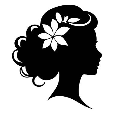  Siyah vektör güzel kadın profil silueti - moda veya güzellik çizimi, güzellik salonu tasarımı için dekoratif moda kızı. Güzel bir kadın silueti. Dalgalı, kalın saçlı genç kız. Vektör saç biçimi simgesi