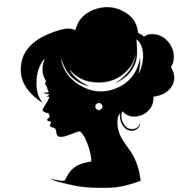  Siyah vektör güzel kadın profil silueti - moda veya güzellik çizimi, güzellik salonu tasarımı için dekoratif moda kızı. Güzel bir kadın silueti. Dalgalı, kalın saçlı genç kız. Vektör saç biçimi simgesi